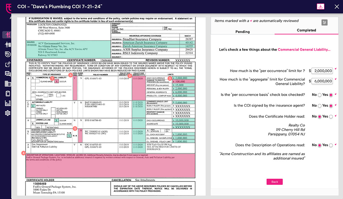 BCS product screenshot showing a certificate beside its insurance review questions