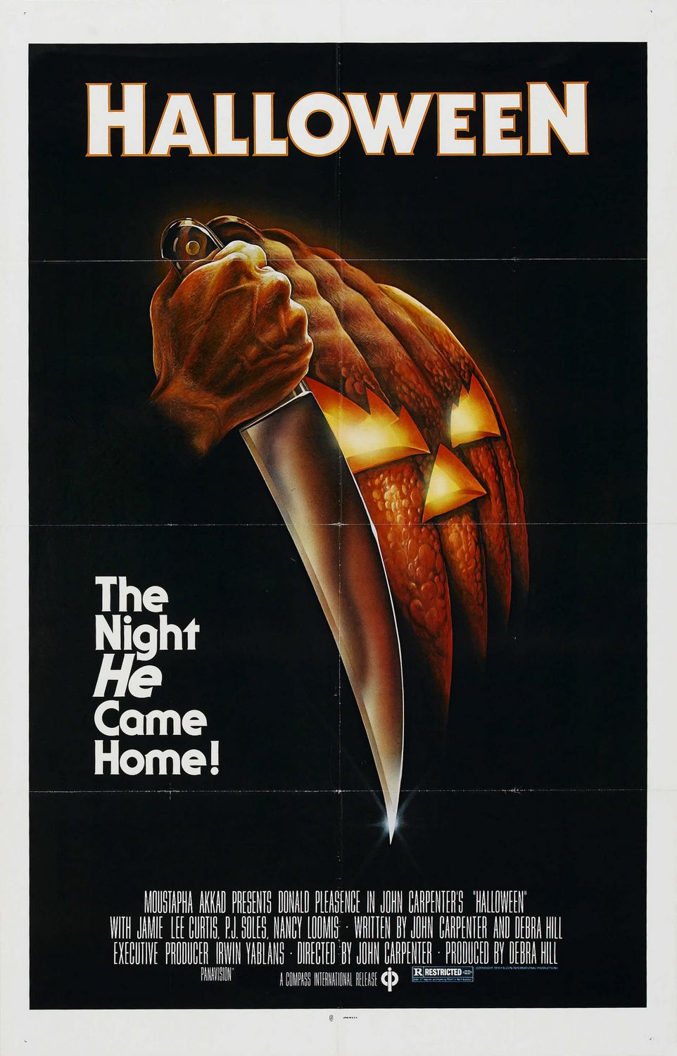 Halloween's 1978 poster, with a knife-holding hand repeating into the shape of a pumpkin