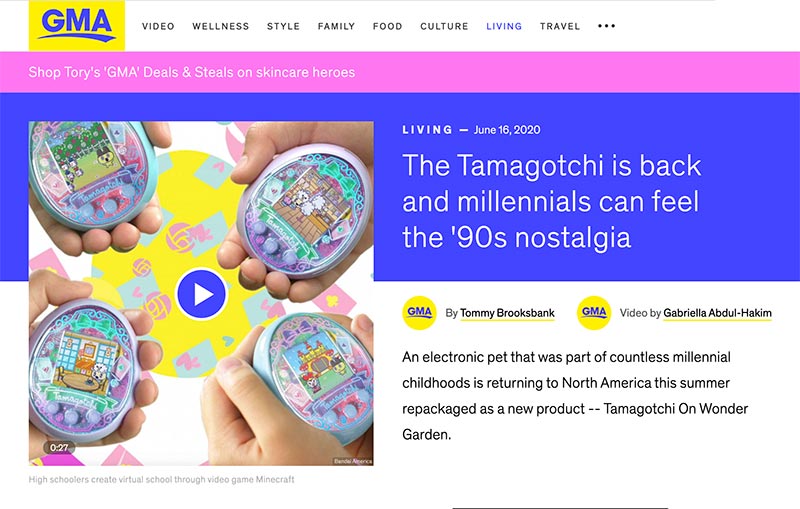 Good Morning America webpage featuring Tamagotchi devices and 1990s nostalgia