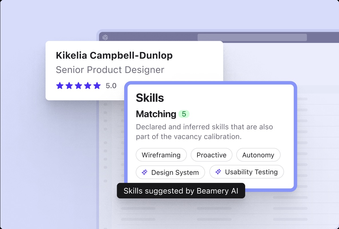 Beamery product screenshot showing a candidate profile and skills matching interface
