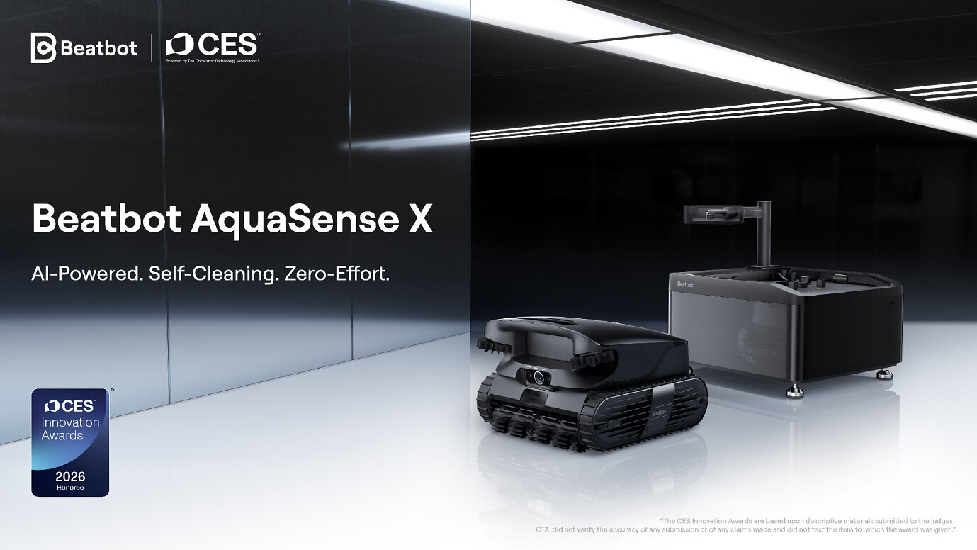 Beatbot AquaSense X robot beside its AstroRinse filter-cleaning station in a company launch image