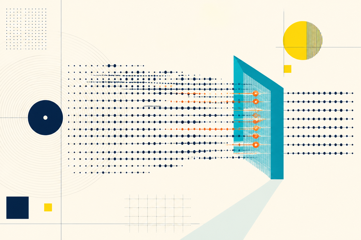 Abstract Swiss-style illustration of anomalous orange streaming signals passing through a teal verification gate