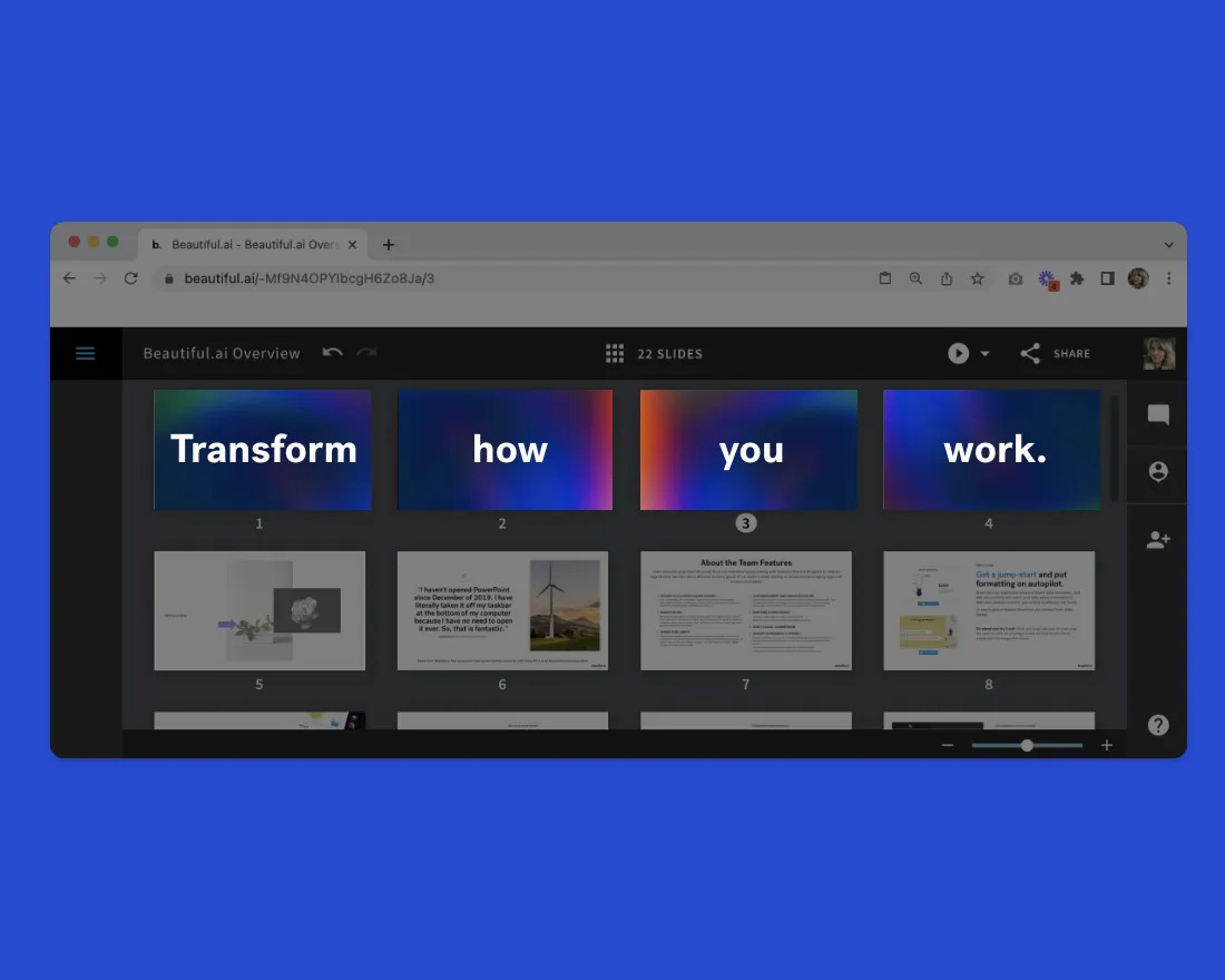 Beautiful.ai presentation overview showing a grid of consistently styled slides