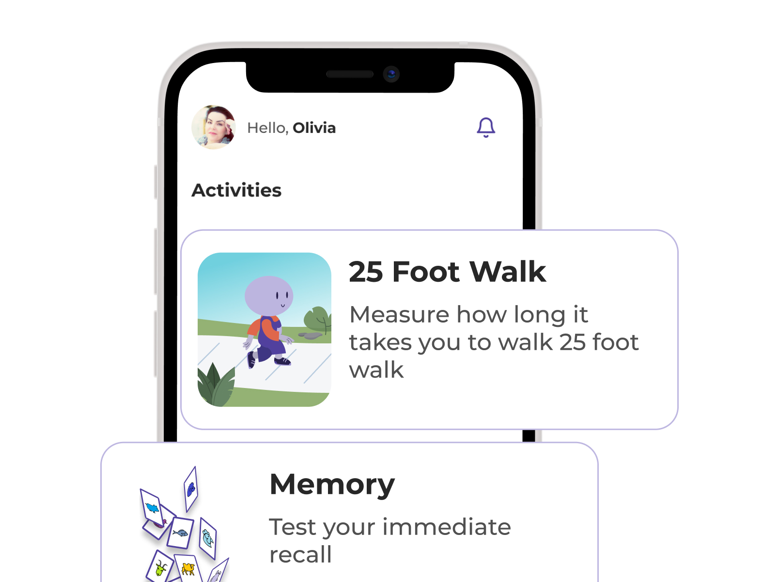 BeCare MS Link mobile interface showing a 25-foot walk and memory activity
