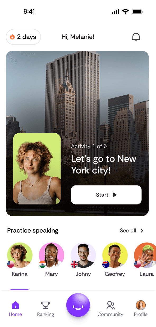 BeConfident app screen showing a New York scenario and AI speaking mentors