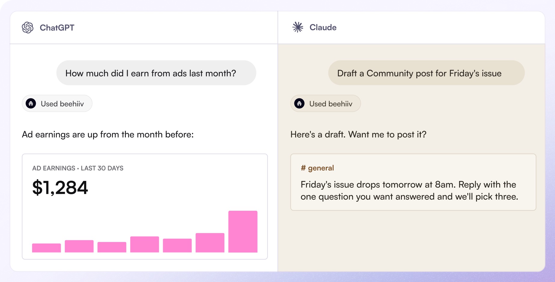 beehiiv connector examples in ChatGPT and Claude, showing an ad-earnings query and a community-post draft