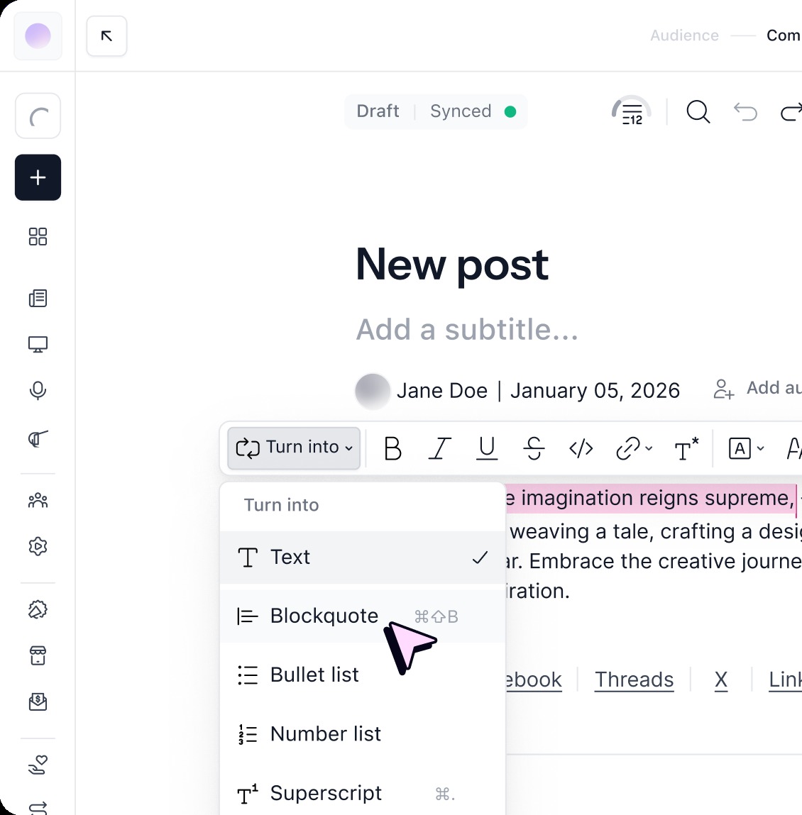 beehiiv post editor showing the Turn into menu for formatting text blocks