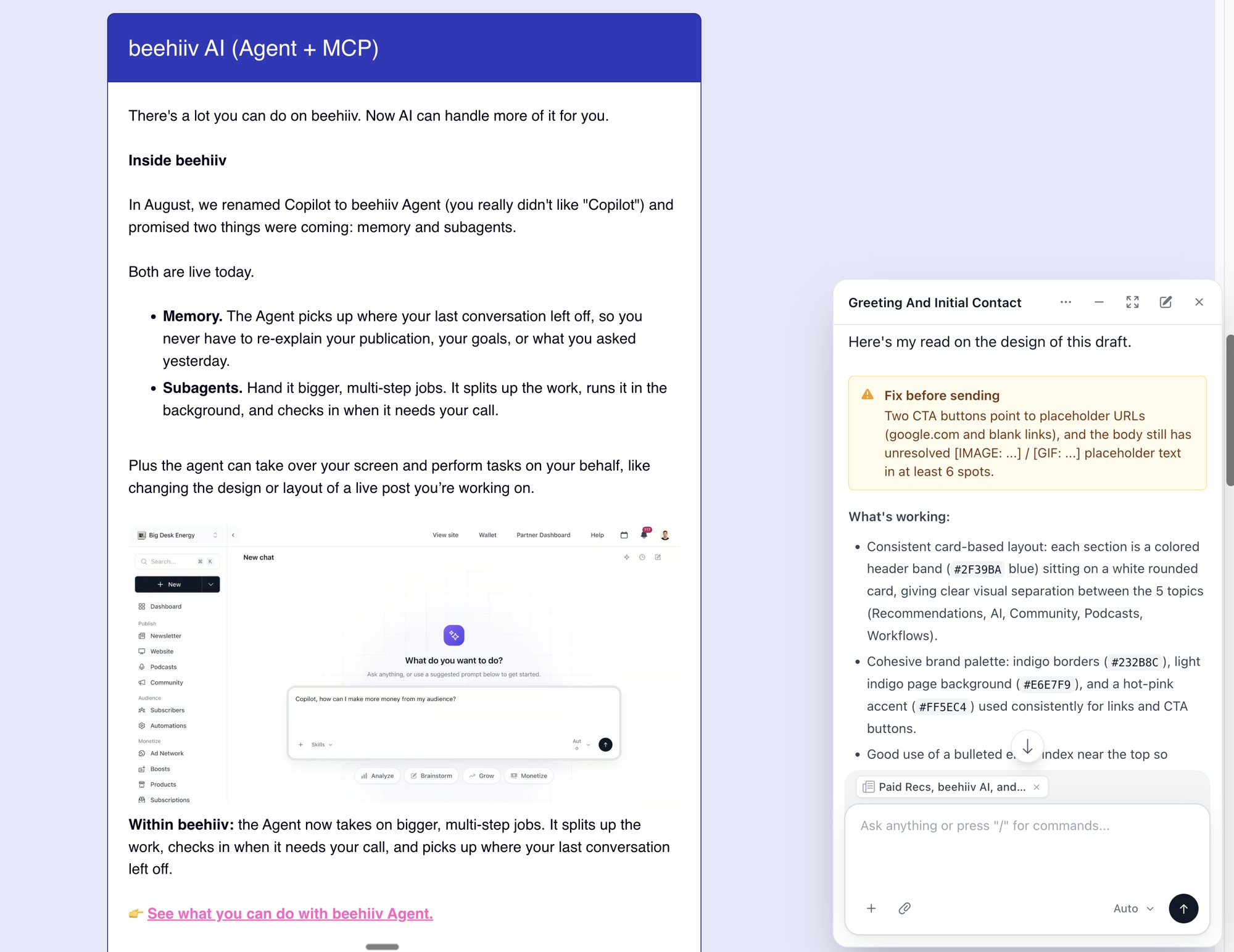 beehiiv’s September release showing Agent memory, subagents and an in-app design review beside the post