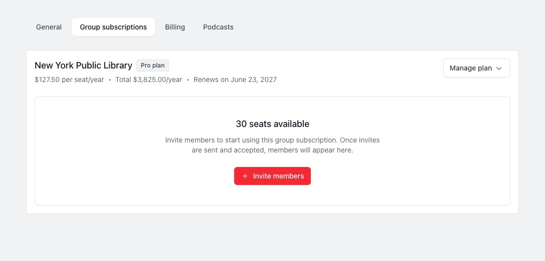 beehiiv buyer dashboard showing available seats, invitations and renewal details