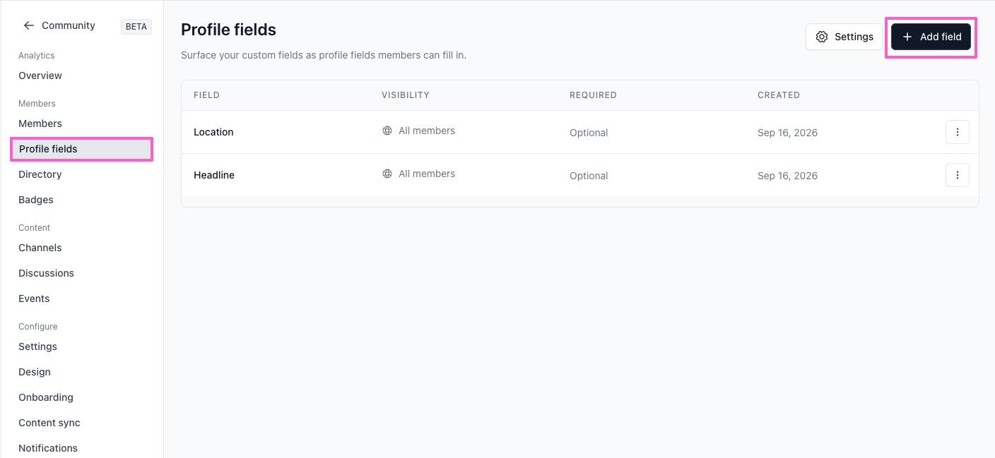beehiiv dashboard showing Community Profile fields