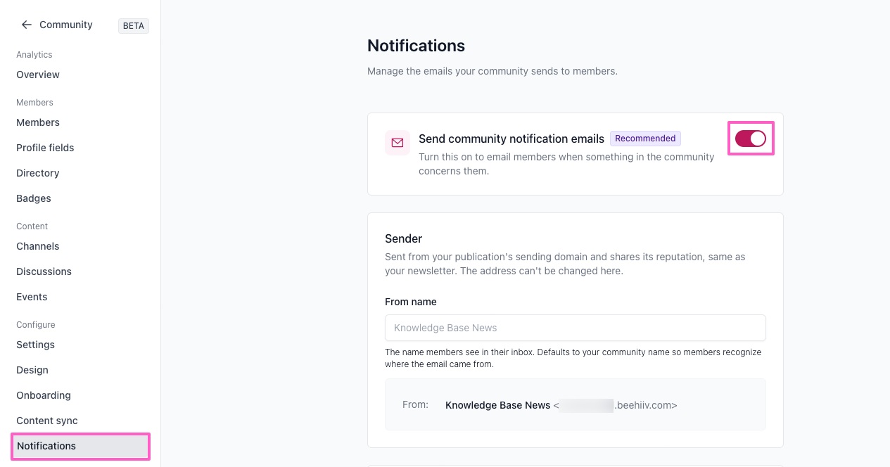 beehiiv Community email notification setup screen