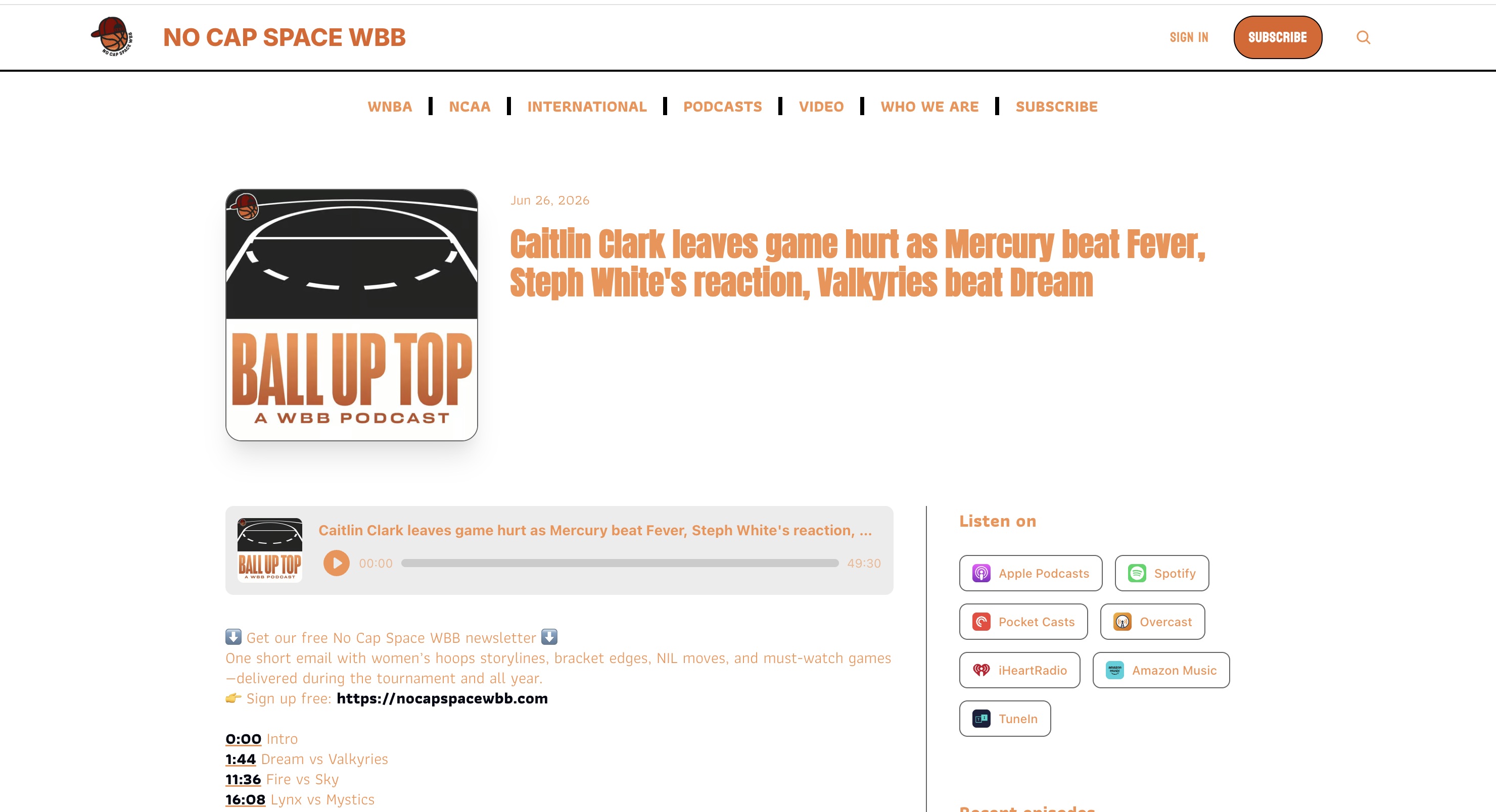 No Cap Space’s Ball Up Top podcast episode page with an embedded audio player