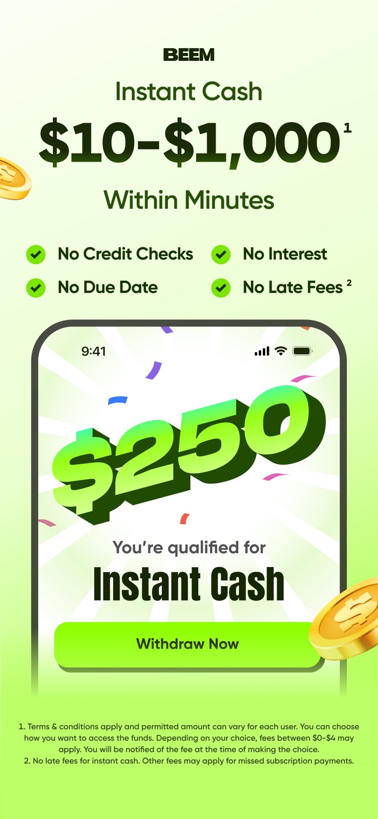Beem App Store promotion showing Everdraft cash access and an example eligibility screen