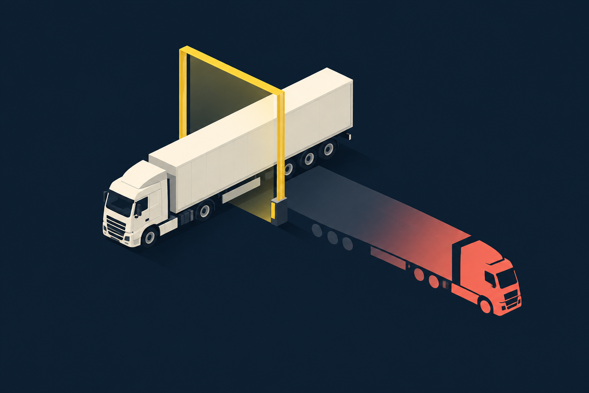 Illustration of a freight truck passing a verification gate while a second shadow truck diverges