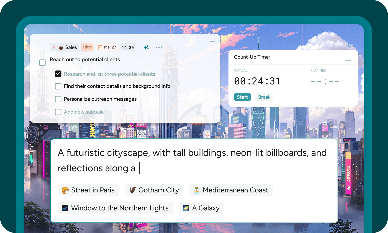 Oasis focus mode with a timer, subtasks, and generated futuristic city background