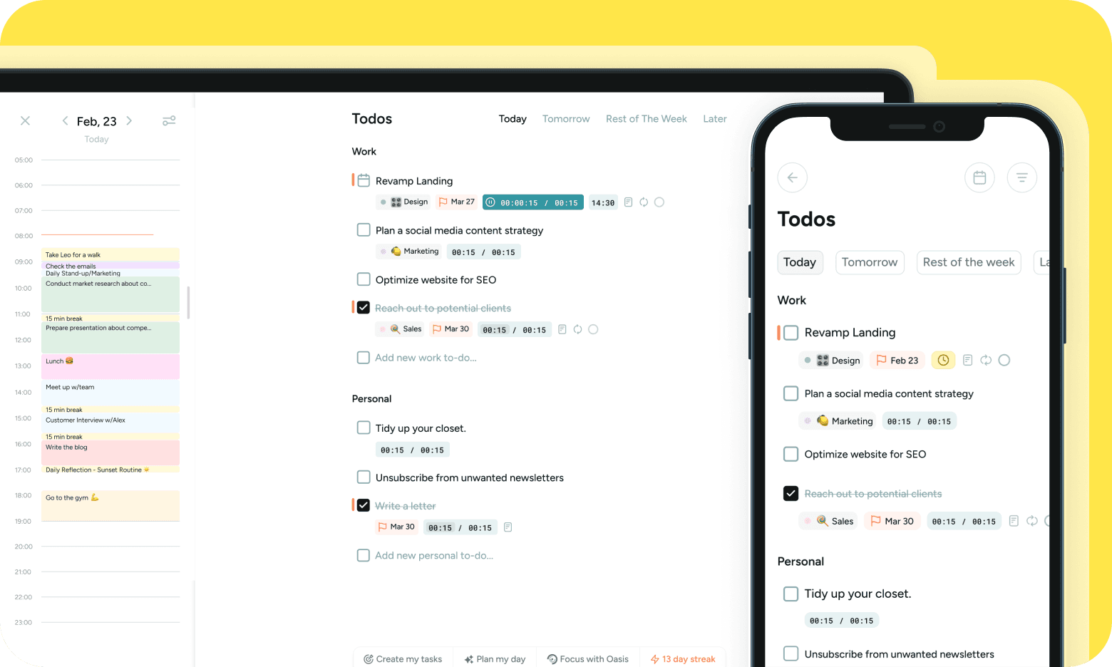 BeforeSunset AI shown across desktop calendar, task list, and mobile app