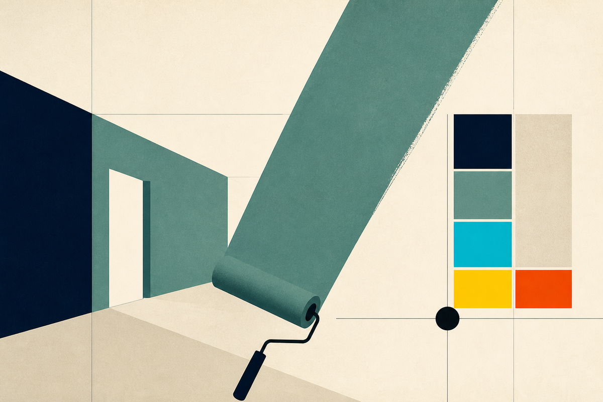 Abstract Swiss-style illustration of a paint roller laying a smoky jade stripe across geometric room planes