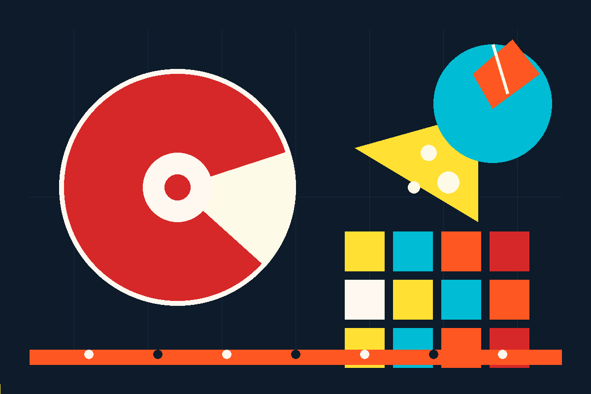 Swiss-style abstract poster of a red cheese round, a wedge, a leaf and a grid of snack portions