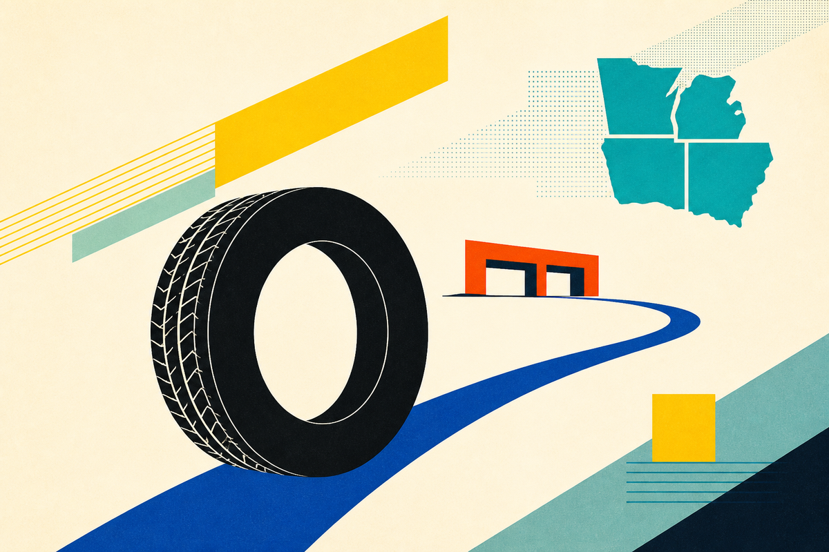Abstract Swiss-style illustration of a tire, roadway, service bay and four Midwestern states