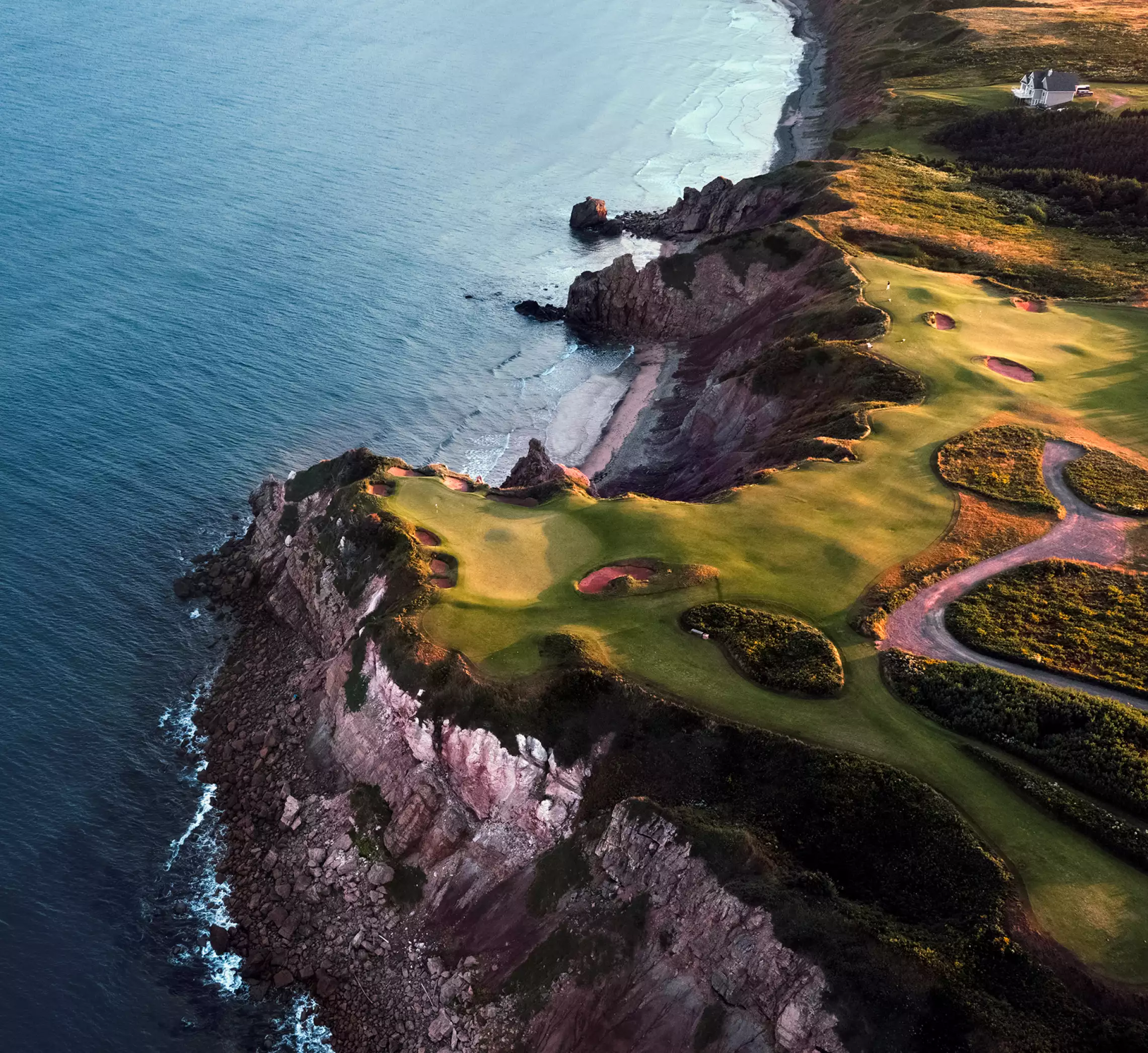 Aerial view of the fairways and coastal cliffs at Cabot Cliffs in Nova Scotia