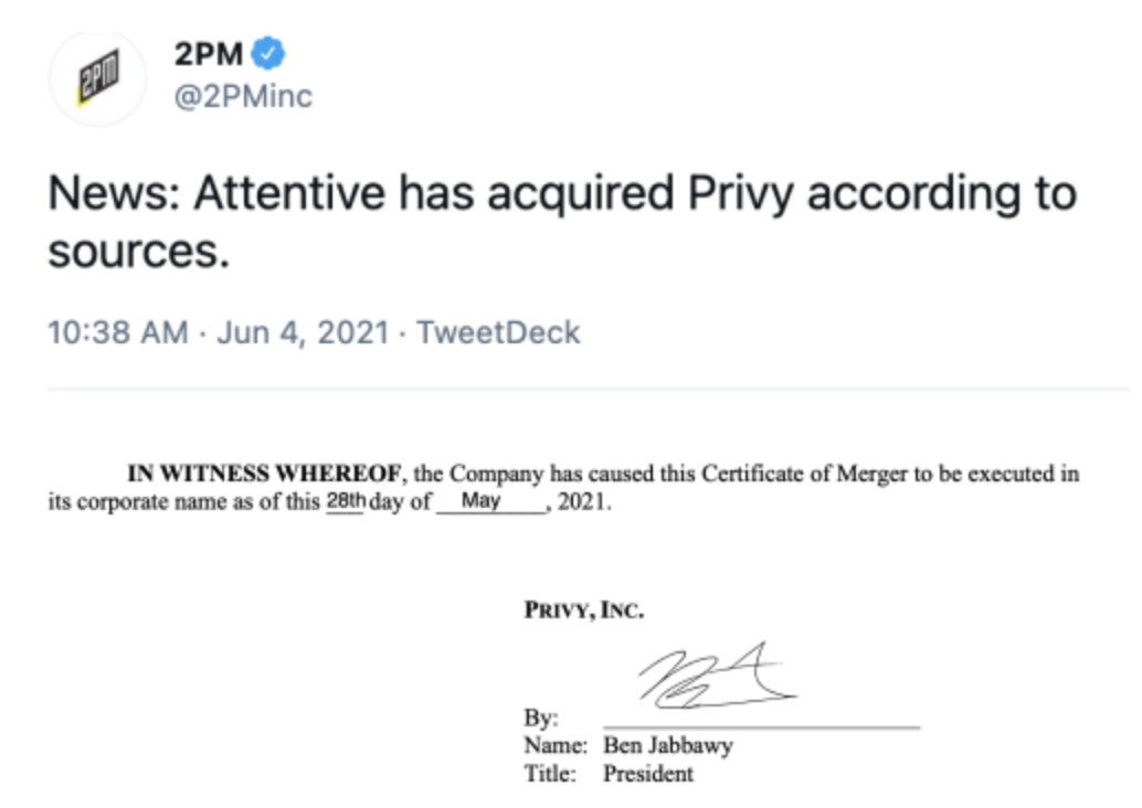 A 2021 acquisition announcement above a merger certificate signed by Ben Jabbawy