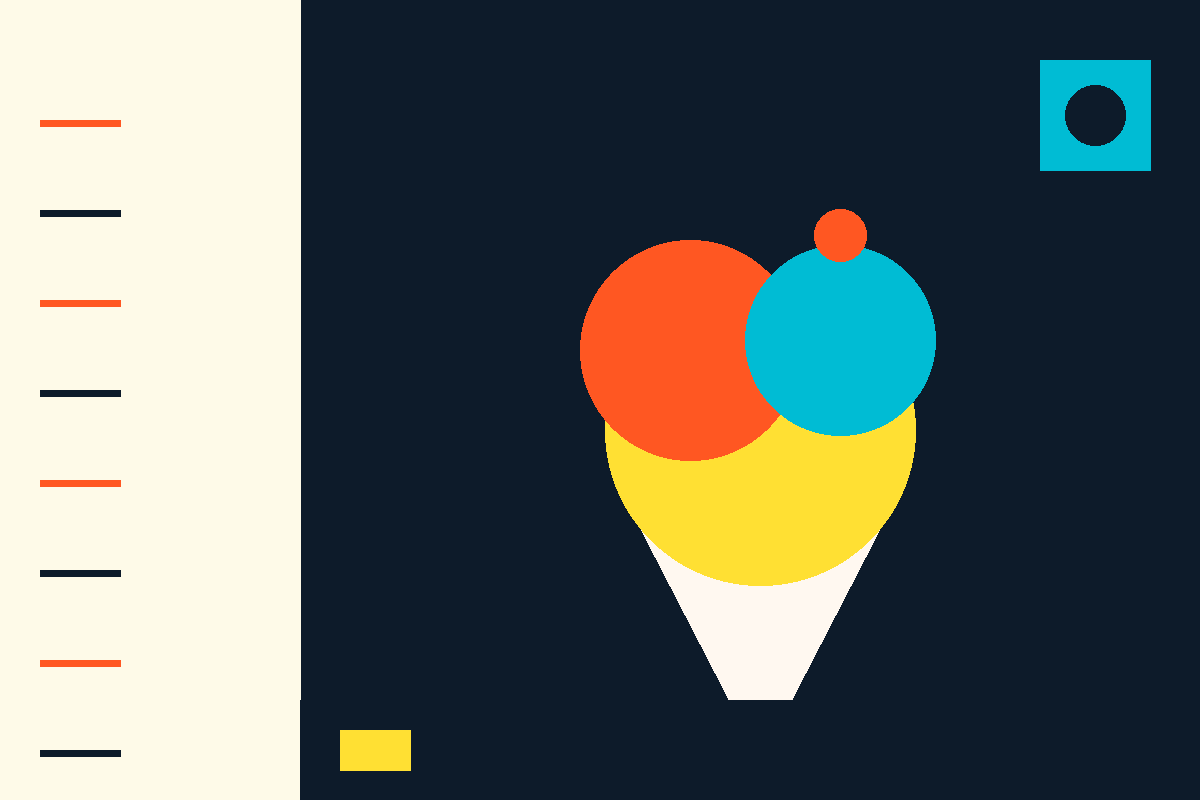 Swiss-style geometric illustration of a stacked ice cream cone in Ben & Jerry's colors