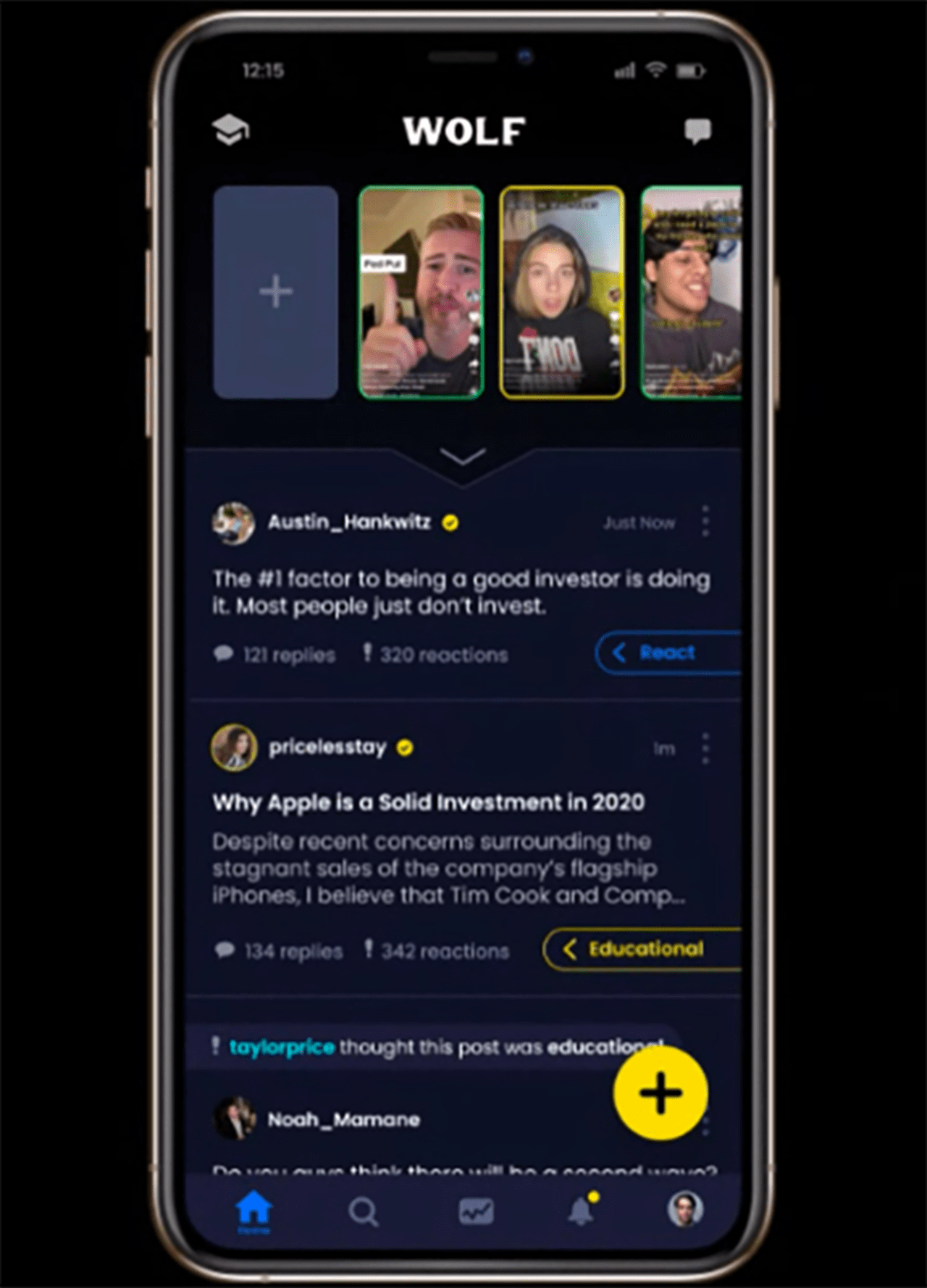 Historical WOLF app screens showing its social feed and investment research