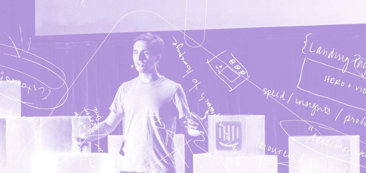 Ben McRedmond speaking onstage during an Intercom event, with product sketches layered across the scene