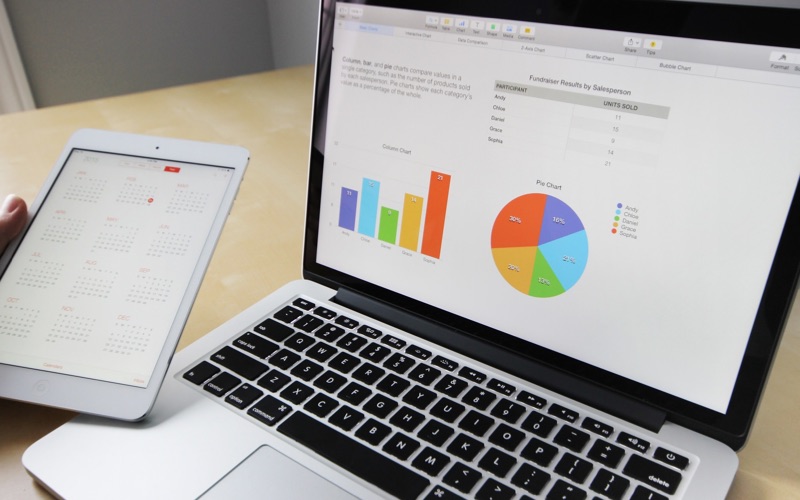 A laptop displaying charts beside a tablet on a desk