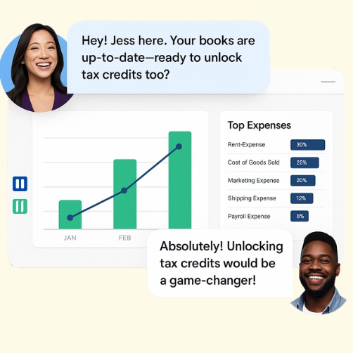 Bench marketing illustration showing an expense dashboard and a conversation about tax credits
