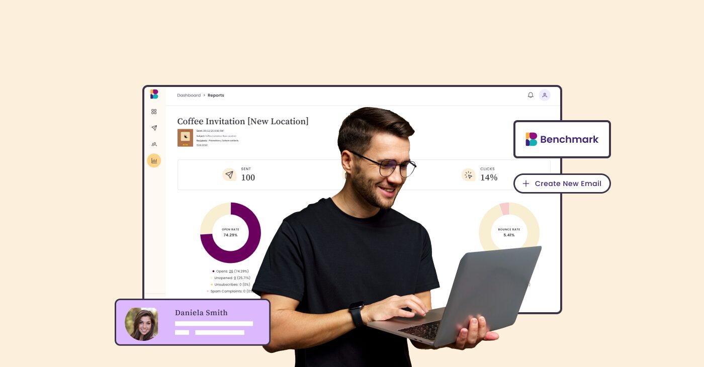 The redesigned Benchmark Email campaign interface on desktop and mobile screens