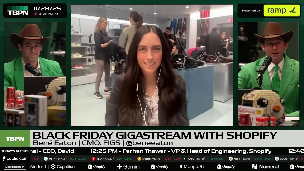 Bené Eaton speaking remotely from the FIGS Upper East Side store during a TBPN interview