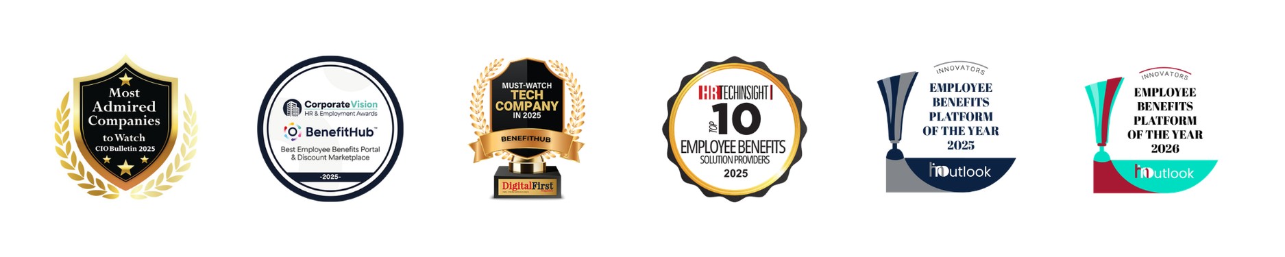A row of 2025 and 2026 industry award badges won by BenefitHub