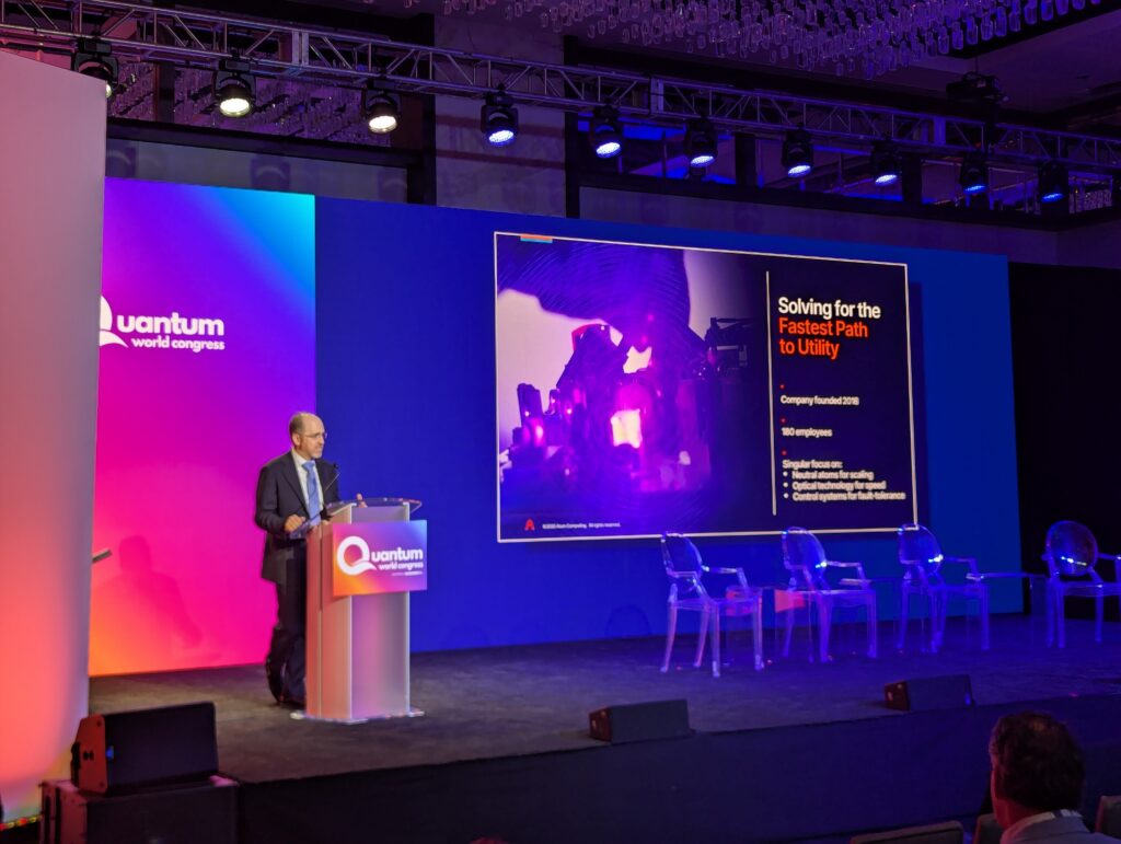 Ben Bloom presenting Atom Computing’s roadmap at Quantum World Congress in 2026