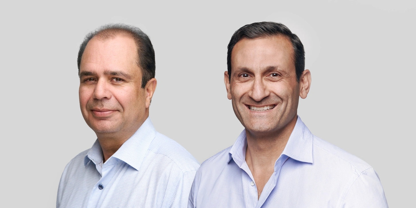 Benjamin Nazarian, right, and Monty Sharma in Therabody’s leadership announcement photograph