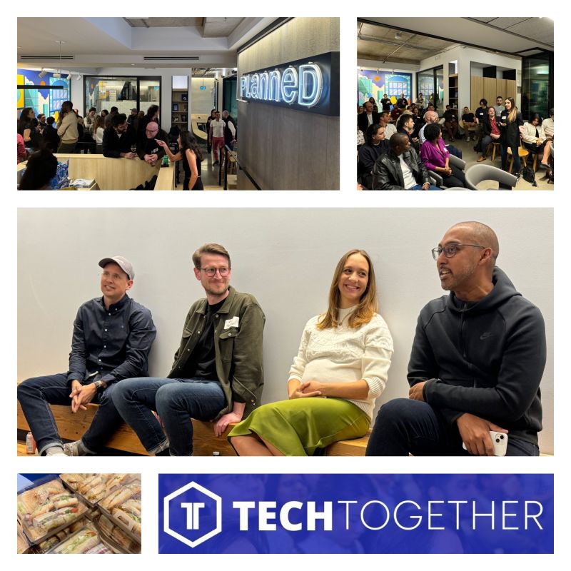 A collage from a TechTOgether meetup in Montreal, including a panel discussion at Planned's office