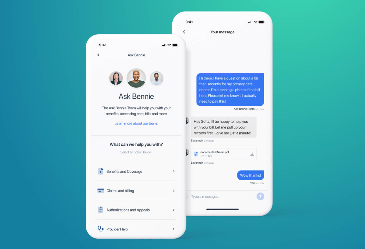 Bennie product illustration showing concierge categories and a conversation about a medical bill