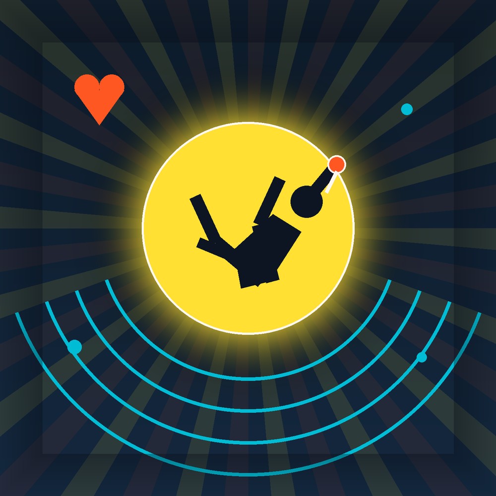 Illustrative graphic of a performer mid-backflip in front of a rising sun, with sound-wave arcs and a heart motif