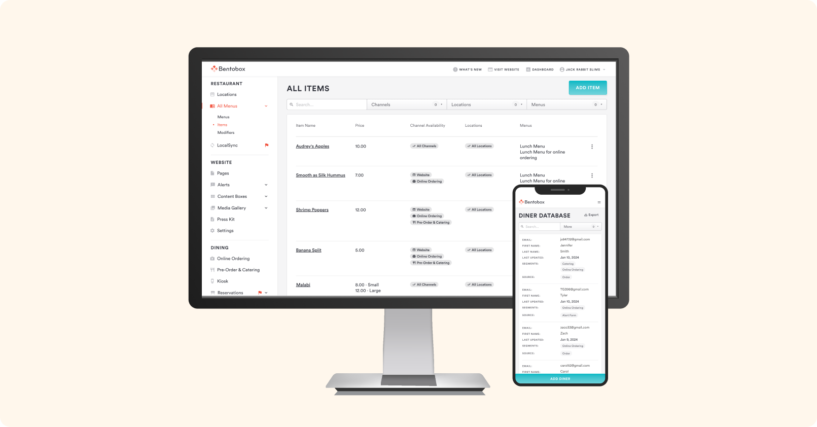 BentoCore interface showing centralized menu items and a mobile diner database