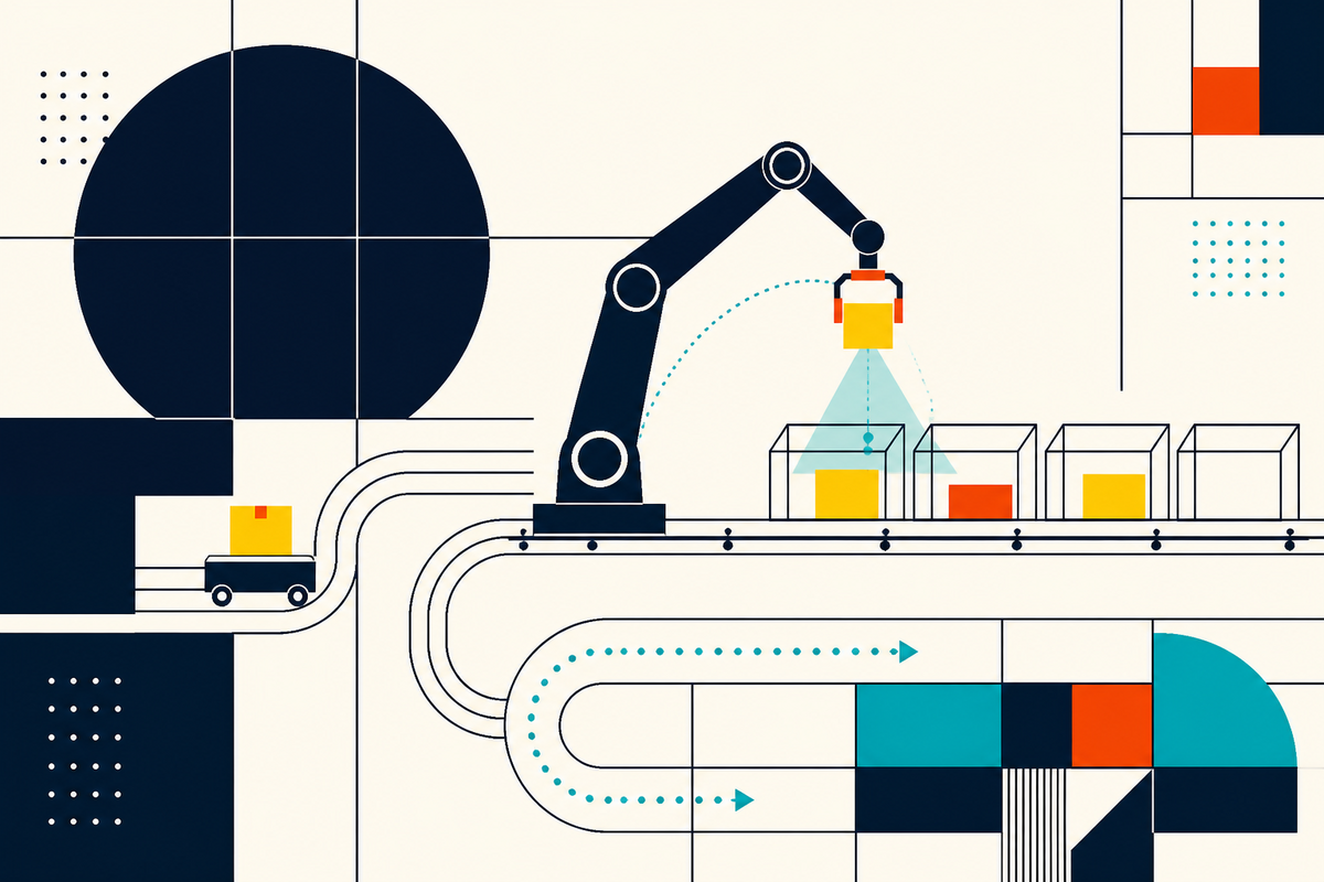 Abstract Swiss-style illustration of a robotic arm sorting parcels along a warehouse conveyor