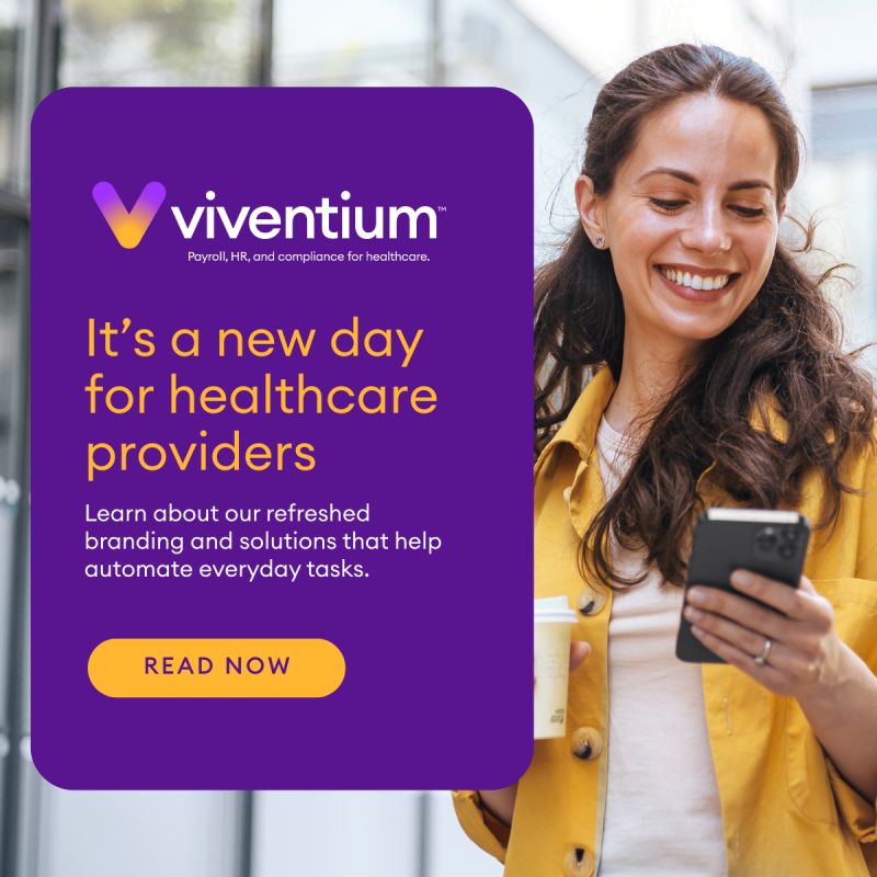 A Viventium rebrand campaign tile with a purple panel, orange typography, and a woman holding a phone
