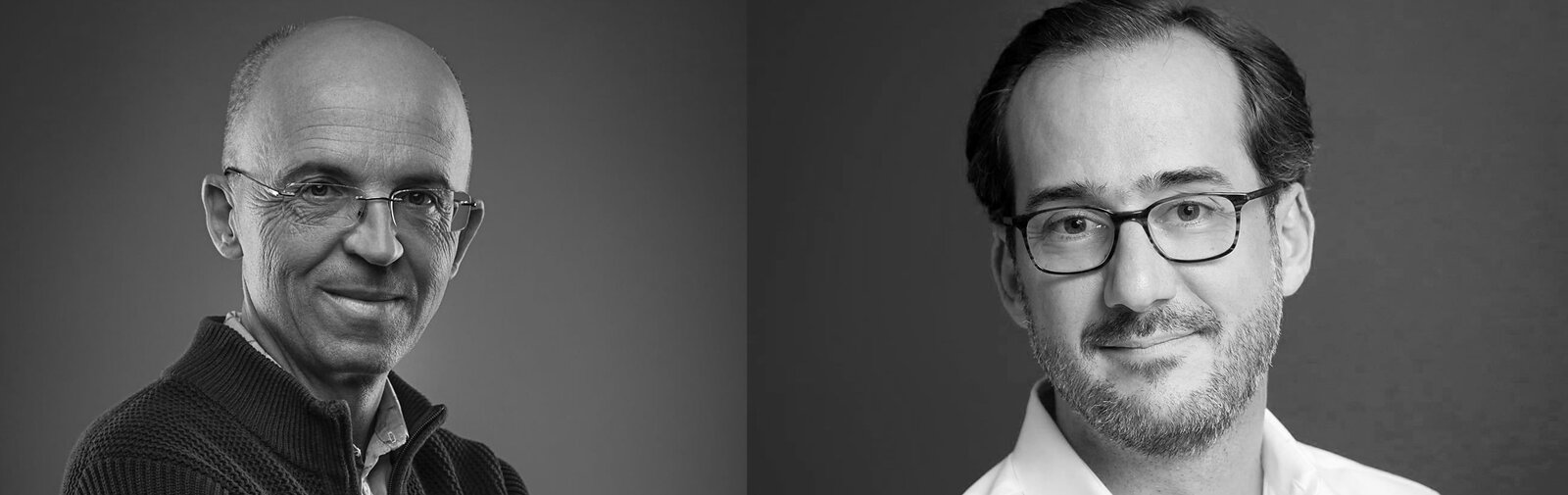 Black-and-white press photographs of Pierre Chappaz on the left and Bertrand Quesada on the right