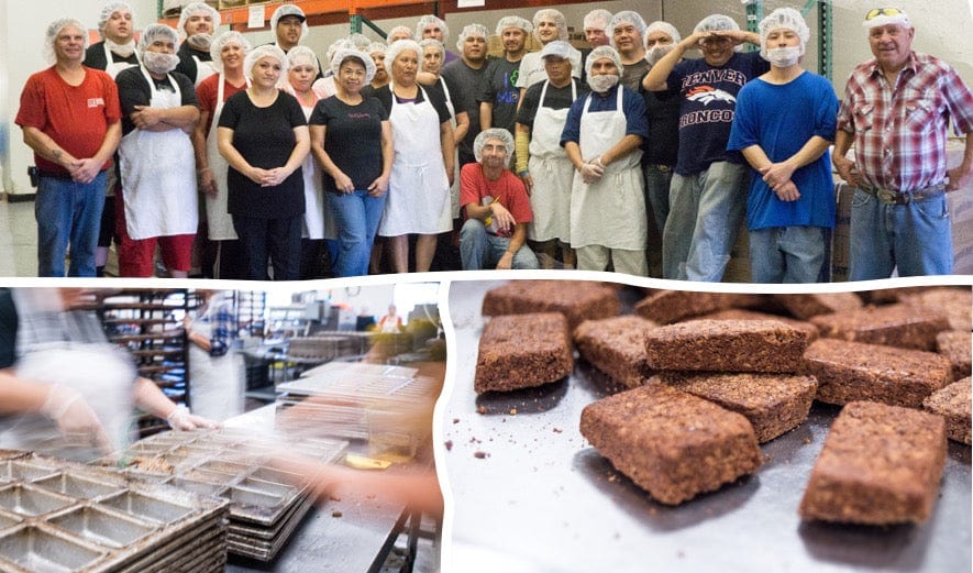 Bobo's bakery team, baking pans and finished oat bars in a three-panel collage