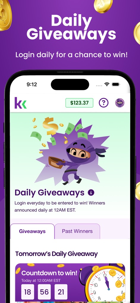 KashKick app screen showing its rewards and giveaway interface