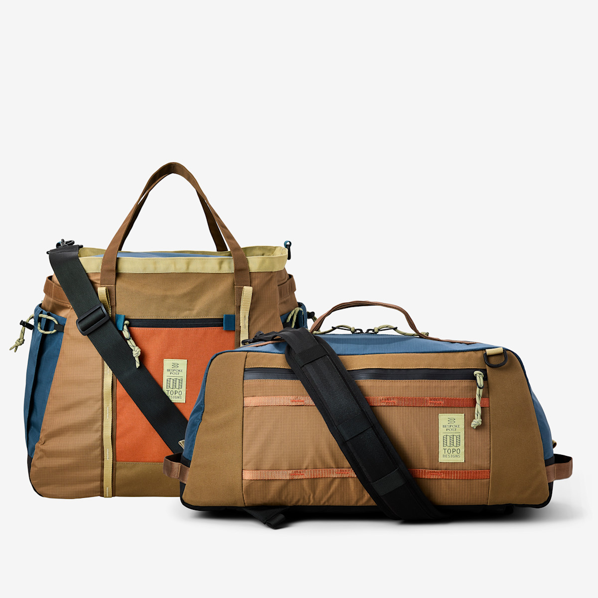 Topo Designs and Bespoke Post Mountain Gear and Duffel Set in brown, blue and orange