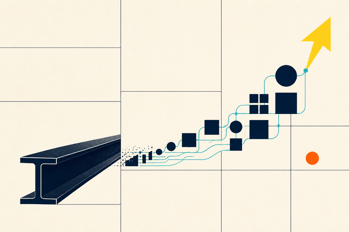 Abstract Swiss-style illustration of a steel beam becoming a network of geometric technology companies
