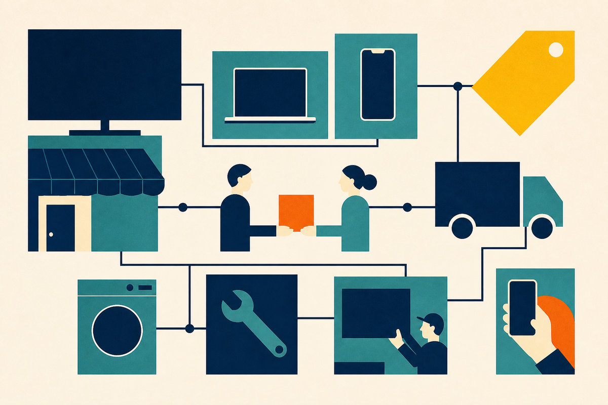 Abstract Swiss-style illustration connecting devices, a store, delivery and repair