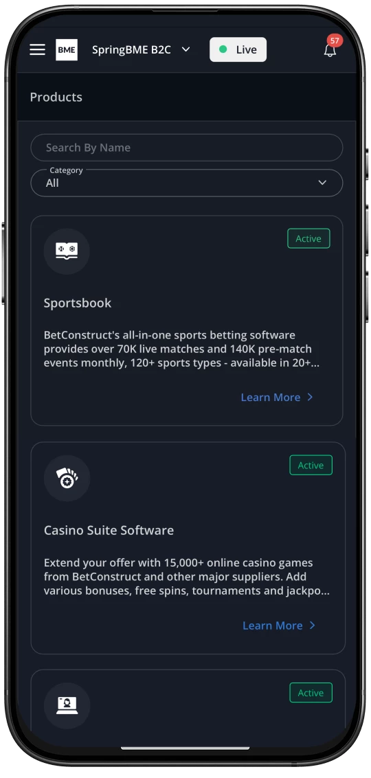 BetConstruct’s illustrative mobile SpringBME console showing product cards