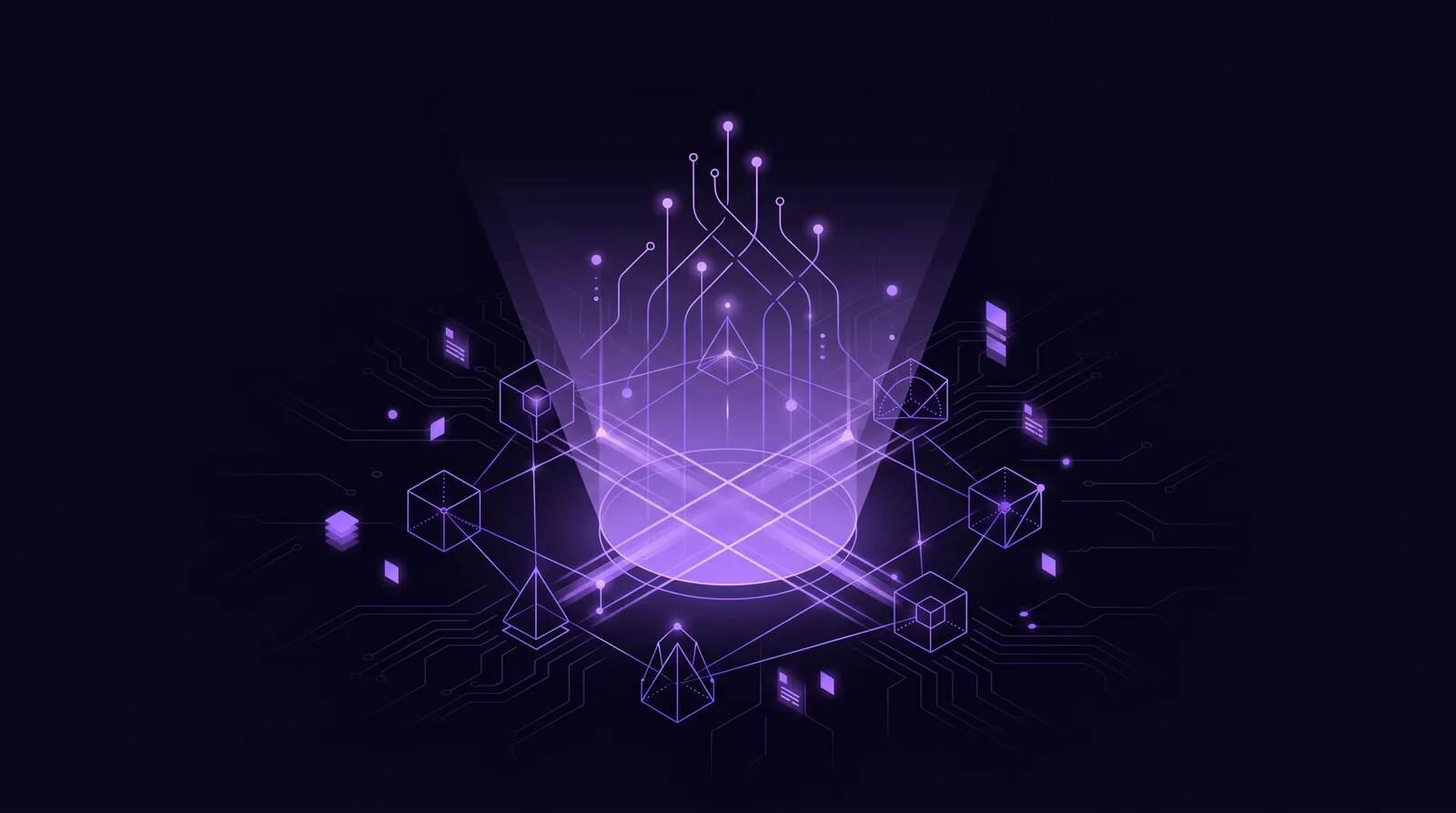 Purple network illustration representing interconnected AI systems