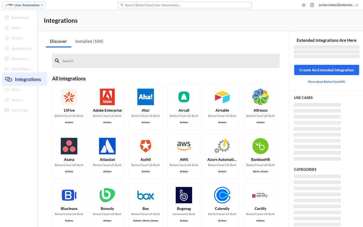 BetterCloud Integration Center showing application integrations